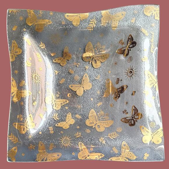 Vintage MCM 1960s Georges Briard Square Bent Glass Gold Butterfly Plate - Picture 1 of 6